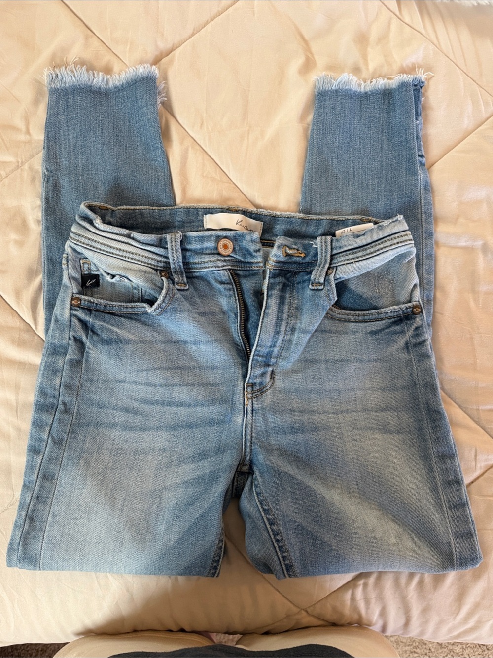 KanCan Light Blue High-Rise Skinny Jeans with Frayed Ankles